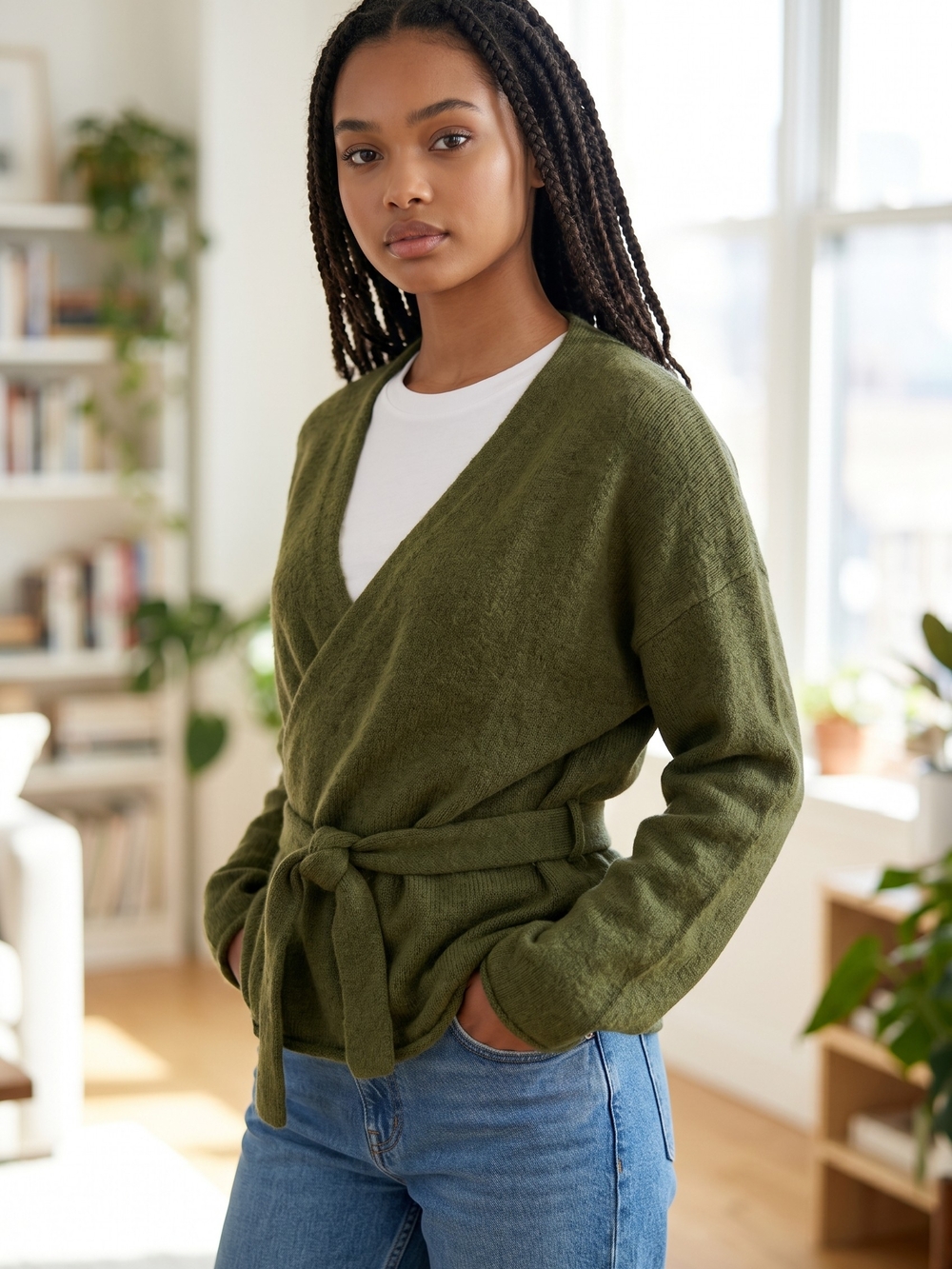 Olive Wrap Belted Sweater Cardigan - Women